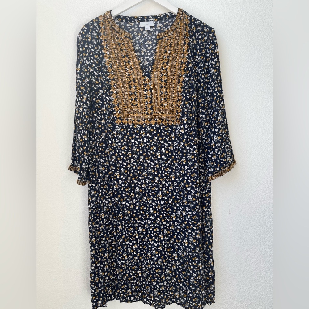 J. Jill Navy Floral Size Large Tunic Midi Dress Gold Embroidered Boho Pockets